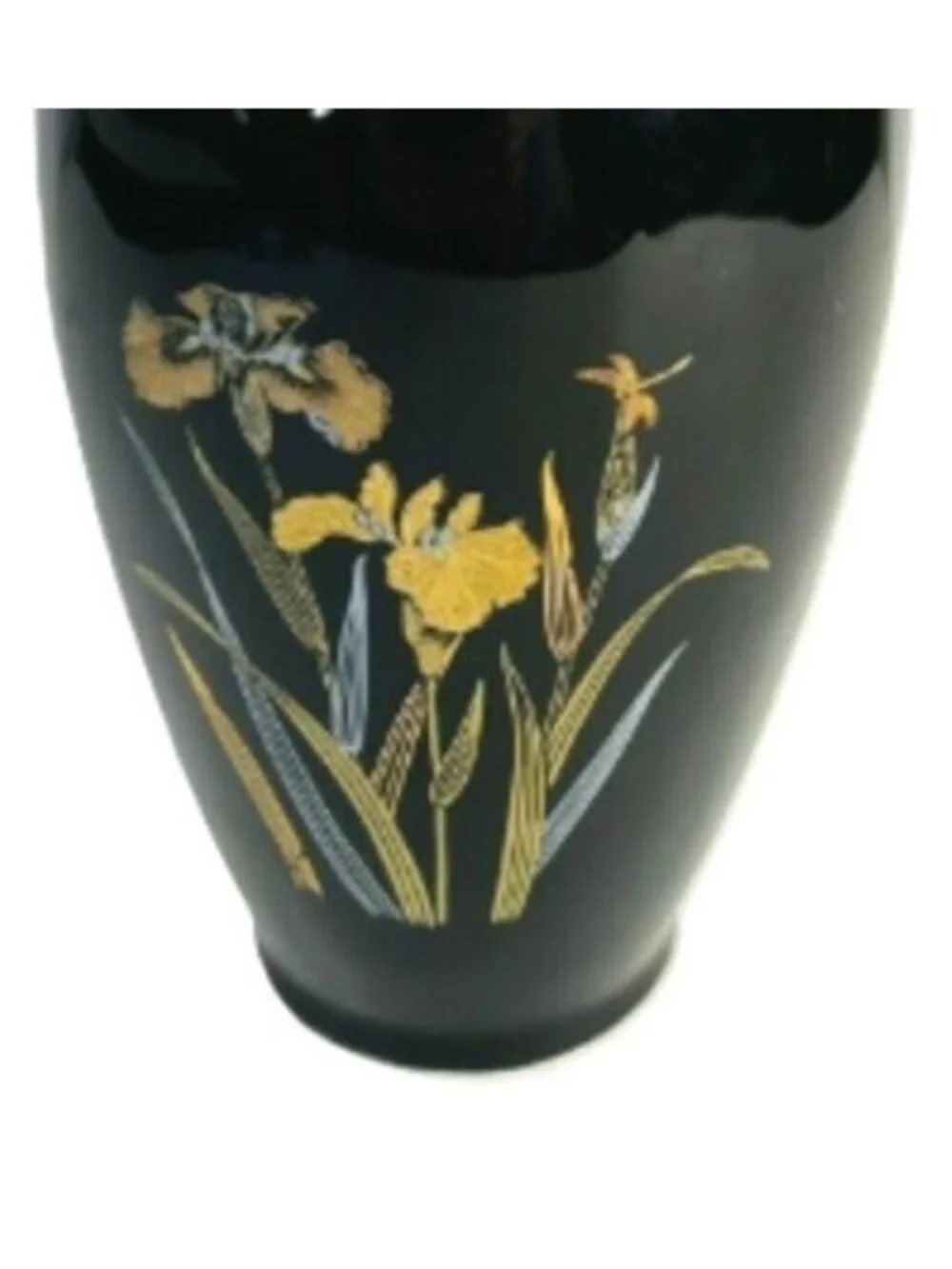Vintage Japanese Bigei Toki Black Porcelain Bud Vase Gold Silver Floral Iris 6
